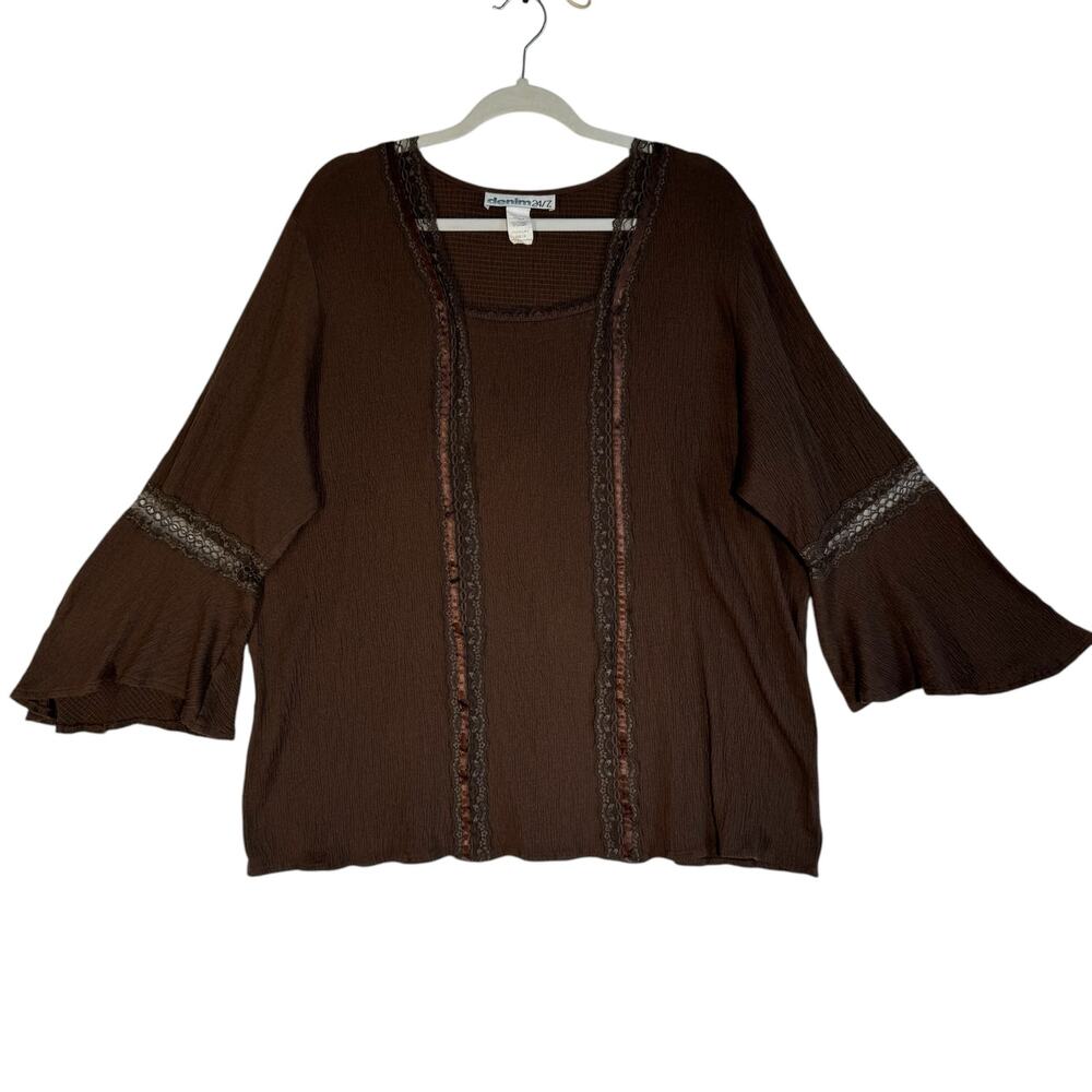 90s Vintage Peasant Blouse Womens‎ XL Brown Lace Bell Sleeve Fairycore Boho